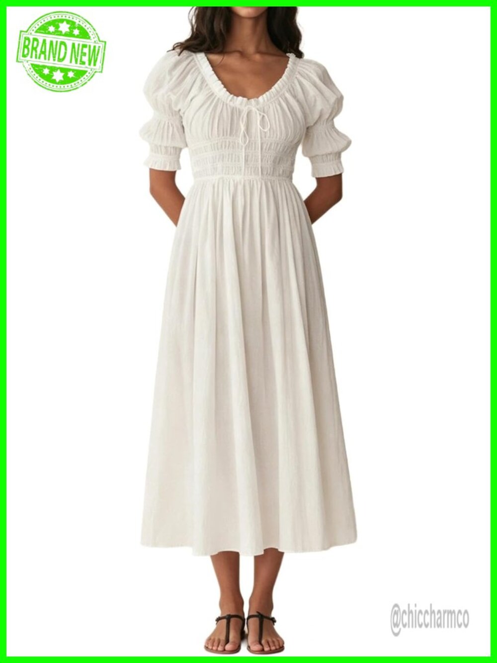 Off Shoulder Puff Sleeve Smocked Midi Dress Flowy Silhouette